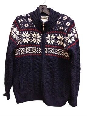Aran Crafts Wool Navy Zip-Up Fair Isle Cardigan with Red & White Accents Small